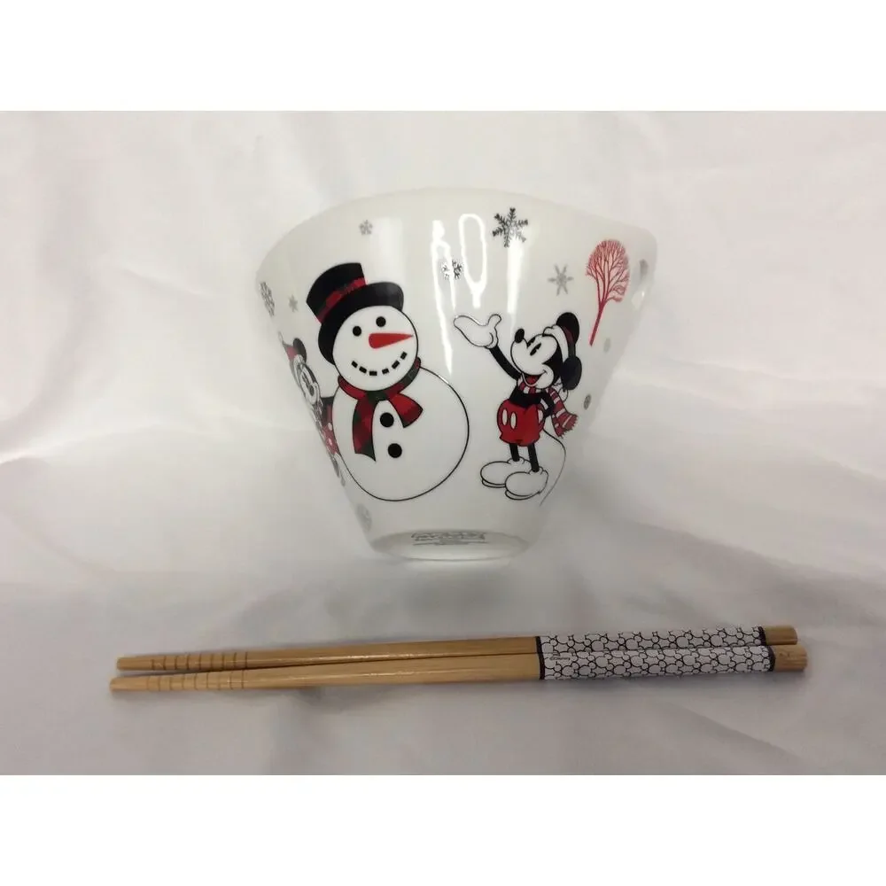 Disney Mickey & Minnie Mouse Christmas Holiday Ramen Bowl Chopsticks Sled Winter